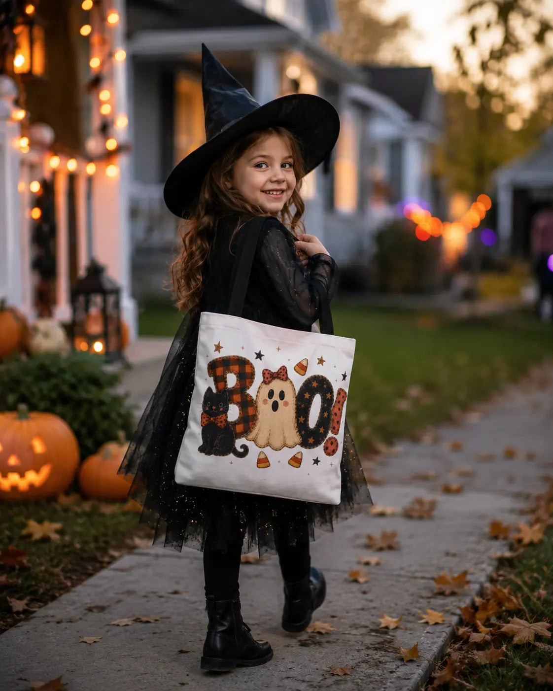 Boo Ghost Tote Bag | Halloween Candy Corn Cat Stars