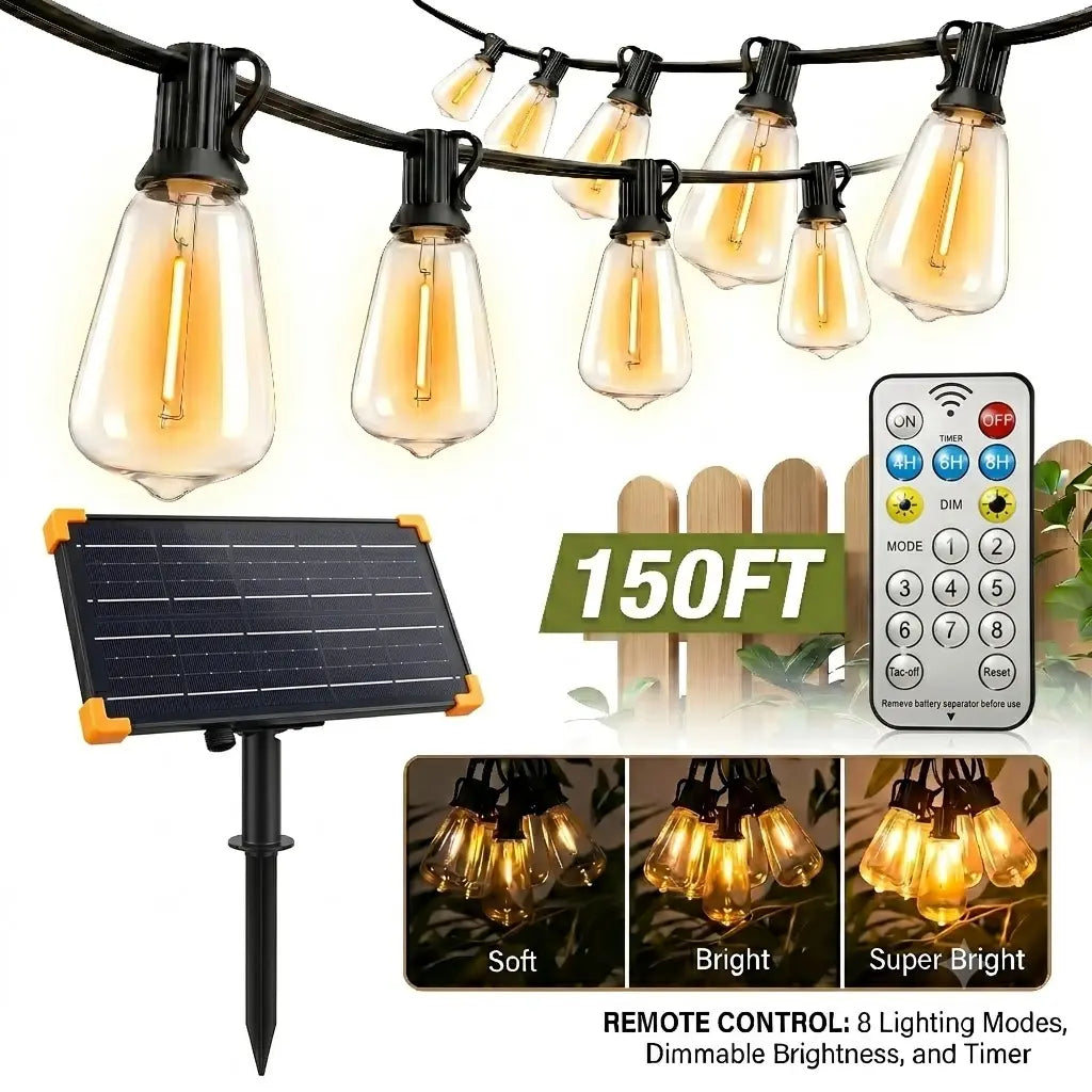 Ekoio ST38 Solar Powered Outdoor String Lights with Edison Bulbs, 120/150FT, Waterproof, Shatterproof, 5-8 Lumens, 20H Full Charge Runtime, 8 Adjustable Lighting Modes, Remote Control, Built-In Sensor, Patio & Holiday Decor