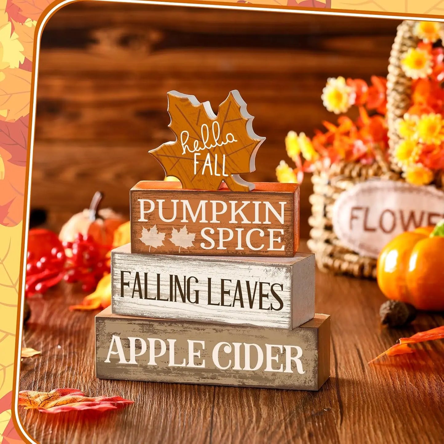 4 Pcs Fall Wooden Tabletop Decor Hello Fall Maple Leaf Decor Autumn Tiered Tray Decor Rustic Wood Block Sign Gift Thanksgiving Centerpiece Farmhouse Fall Table Decor