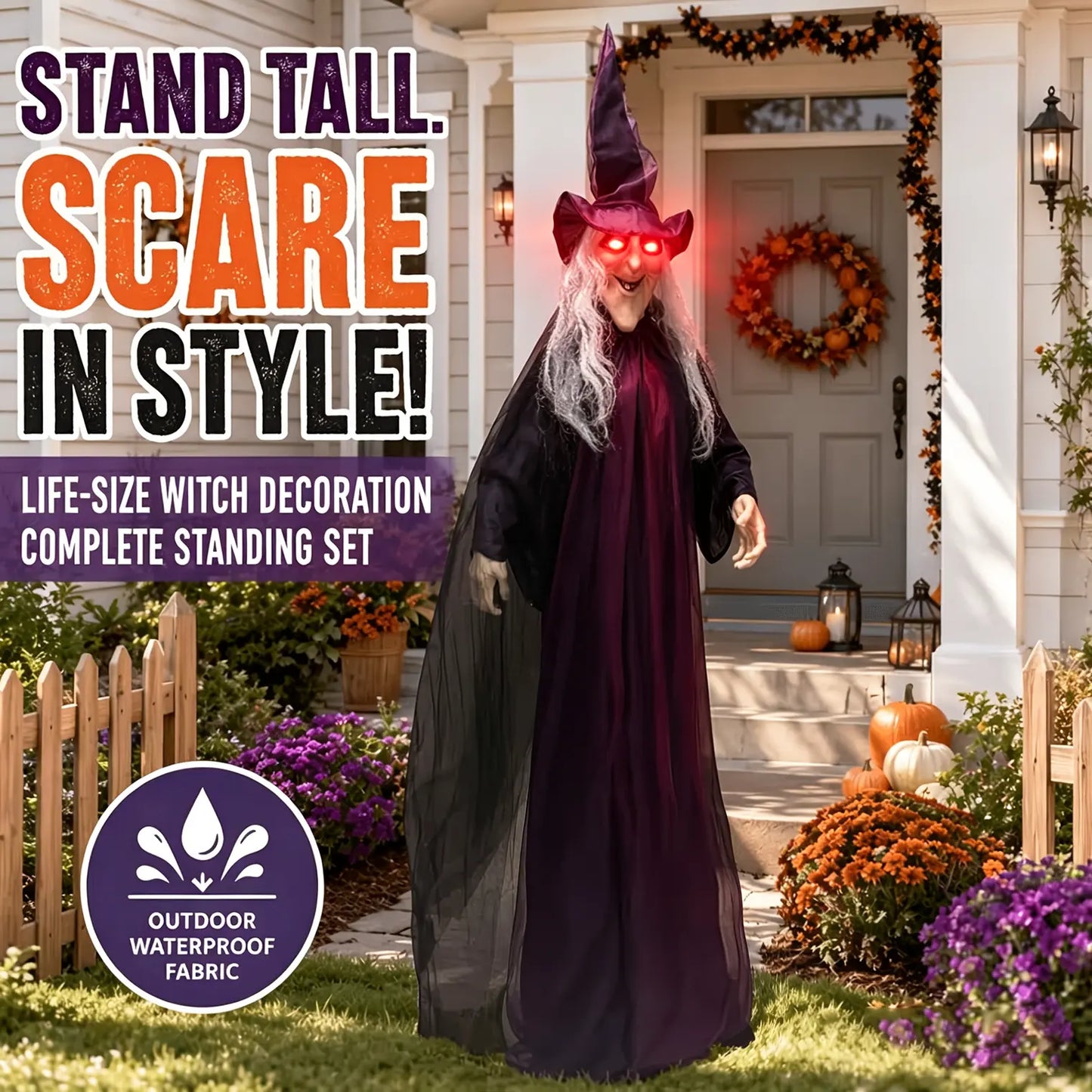 1.8M Lightweight Standing Scary Halloween Hanging Witch Cardboard Cutout - Velvet Hat, Face Mask Prop, Indoor-Outdoor Home Decor for Garden Haunted House Photo Backdrop