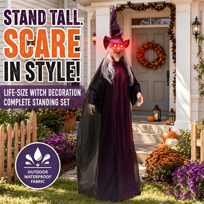 1.8M Lightweight Standing Scary Halloween Hanging Witch Cardboard Cutout - Velvet Hat, Face Mask Prop, Indoor-Outdoor Home Decor for Garden Haunted House Photo Backdrop