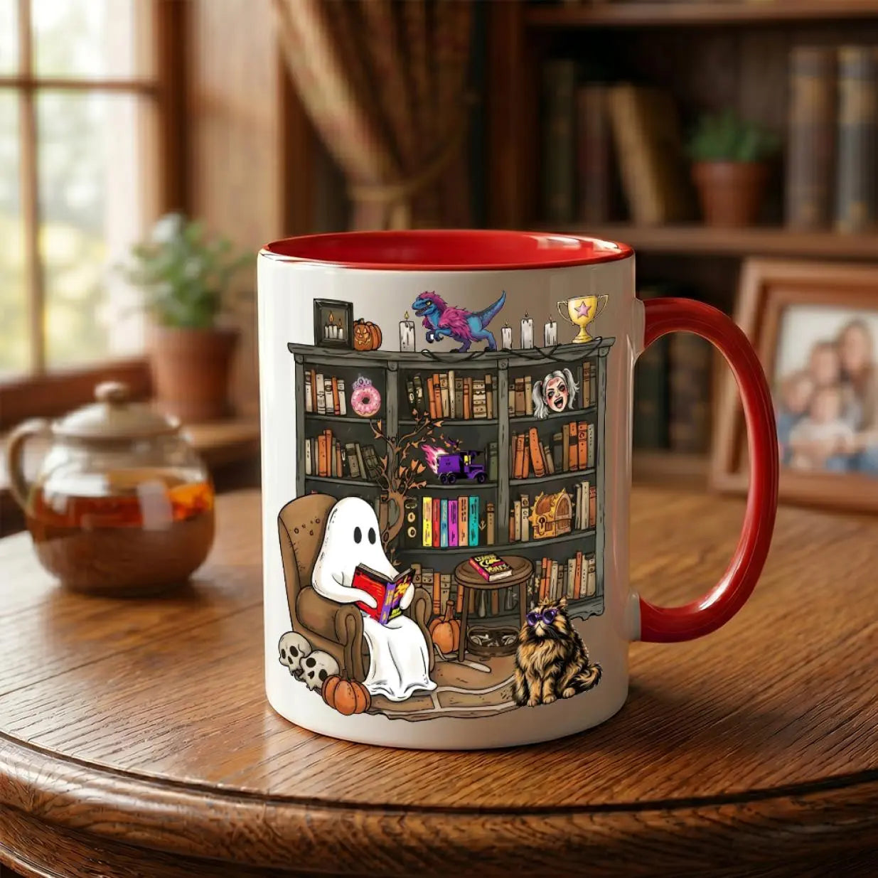 Enchanting Halloween 2026 Book Lover Mug - Cozy Ghost Reading Coffee Cup for Spooky Library Vibes