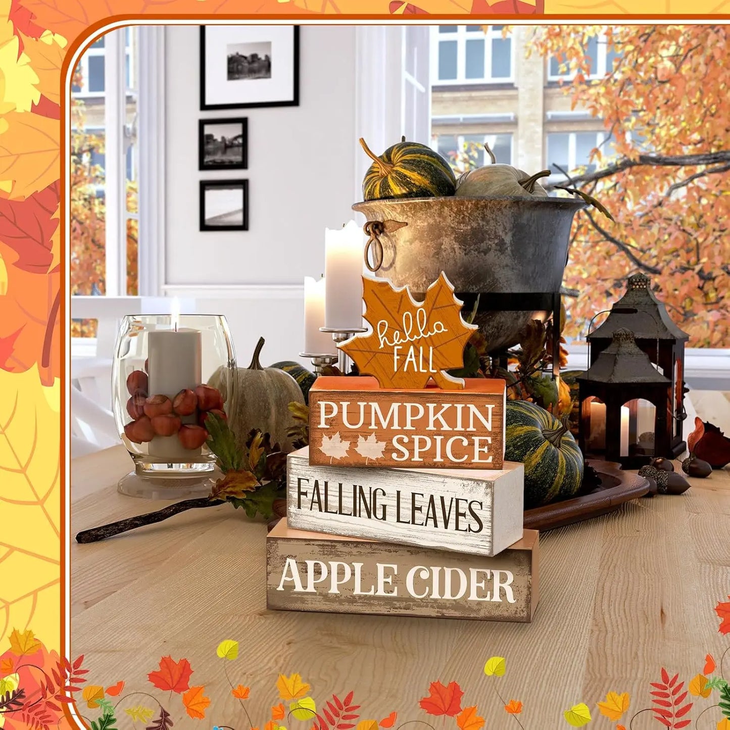 4 Pcs Fall Wooden Tabletop Decor Hello Fall Maple Leaf Decor Autumn Tiered Tray Decor Rustic Wood Block Sign Gift Thanksgiving Centerpiece Farmhouse Fall Table Decor