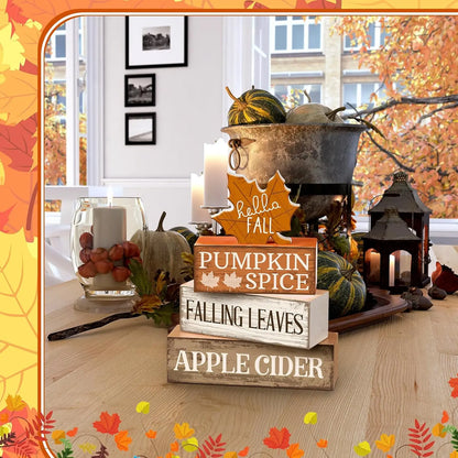 4 Pcs Fall Wooden Tabletop Decor Hello Fall Maple Leaf Decor Autumn Tiered Tray Decor Rustic Wood Block Sign Gift Thanksgiving Centerpiece Farmhouse Fall Table Decor