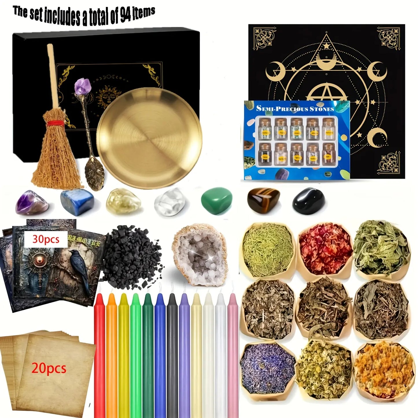 94/130Pcs Complete Witchcraft Supplies Kit, Large Wiccan Spell Box with Crystals, Candles, Herbs & Ritual Tools, Beginner Witch Starter Set for Pagan Rituals, Halloween Decor & Spiritual Practice Gift Aroma Fragrance Scented