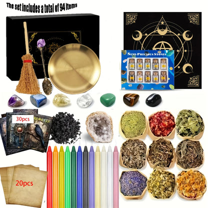 94/130Pcs Complete Witchcraft Supplies Kit, Large Wiccan Spell Box with Crystals, Candles, Herbs & Ritual Tools, Beginner Witch Starter Set for Pagan Rituals, Halloween Decor & Spiritual Practice Gift Aroma Fragrance Scented