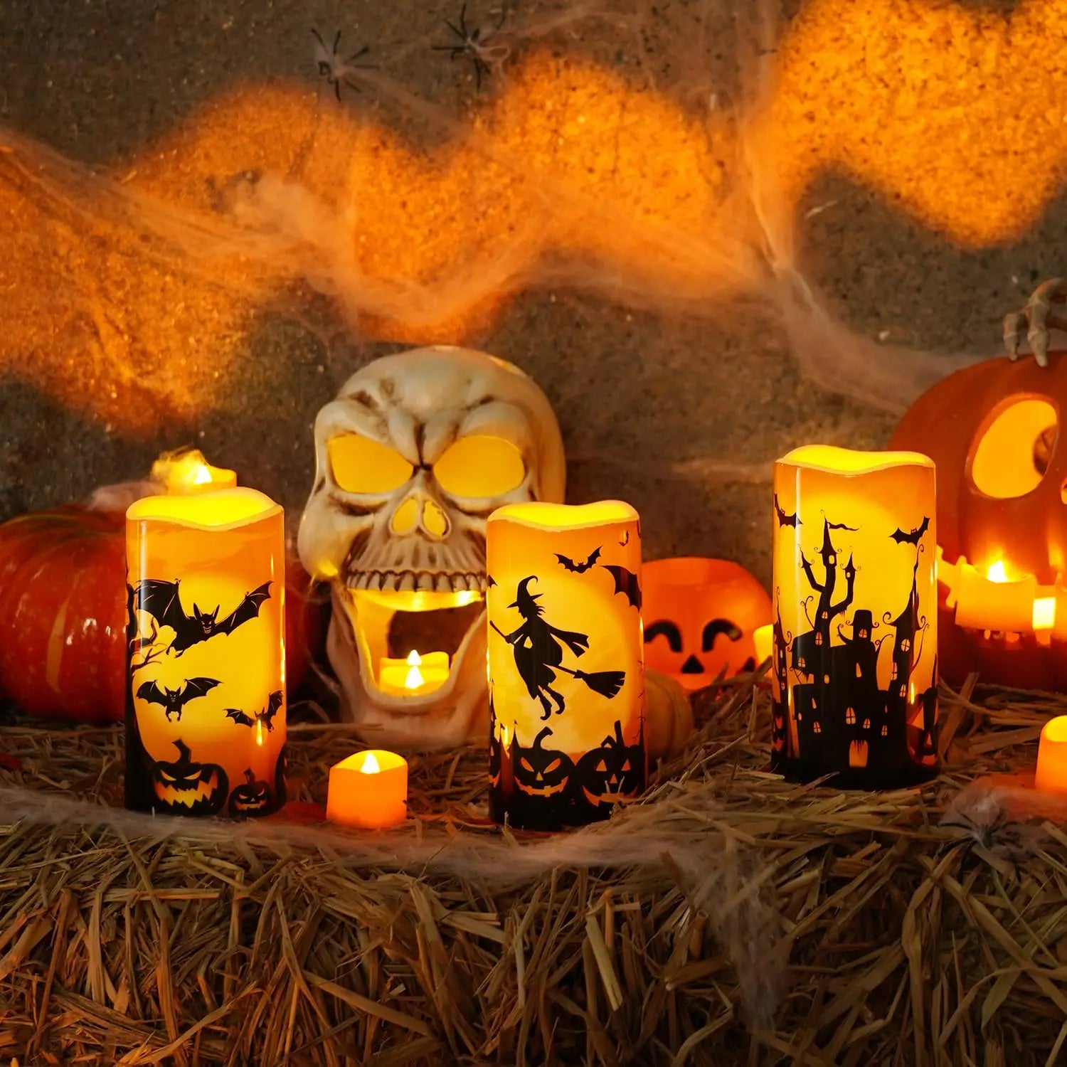 3PCS Halloween Candles, Orange Flameless Candles, Outdoor Waterproof Printed Decals Battery Operated LED Pillar Candles with Remote Timers for Fall Festival Spooky Decor, 3”X6”, Plastic,【Back to School】 【Summer Sale Deals】