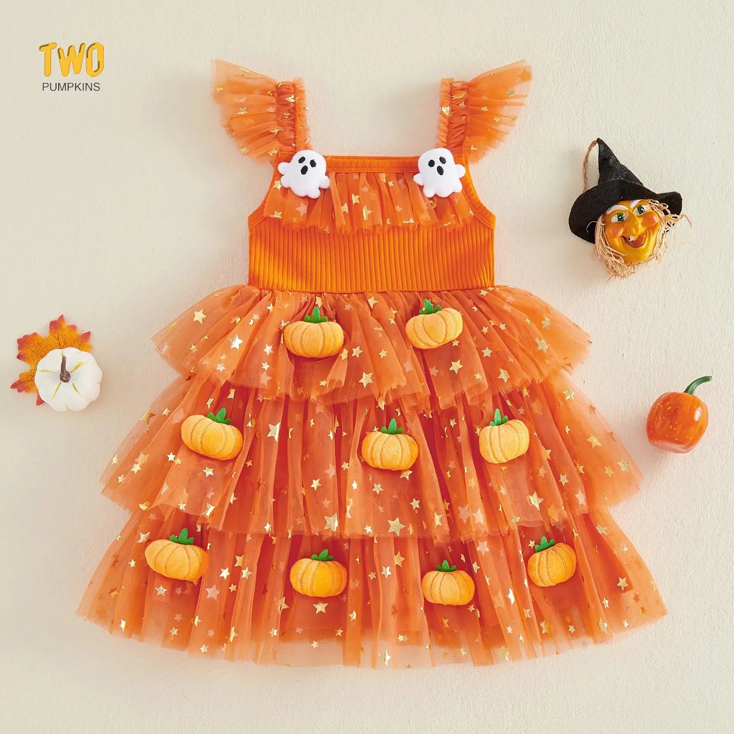 Little Girl Halloween Dress Flying Sleeve Square Neck 3D Stuffed Pumpkin/Ghost Decor a Line Tiered Tulle Dress