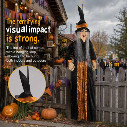 1.8M Lightweight Standing Scary Halloween Hanging Witch Cardboard Cutout - Velvet Hat, Face Mask Prop, Indoor-Outdoor Home Decor for Garden Haunted House Photo Backdrop