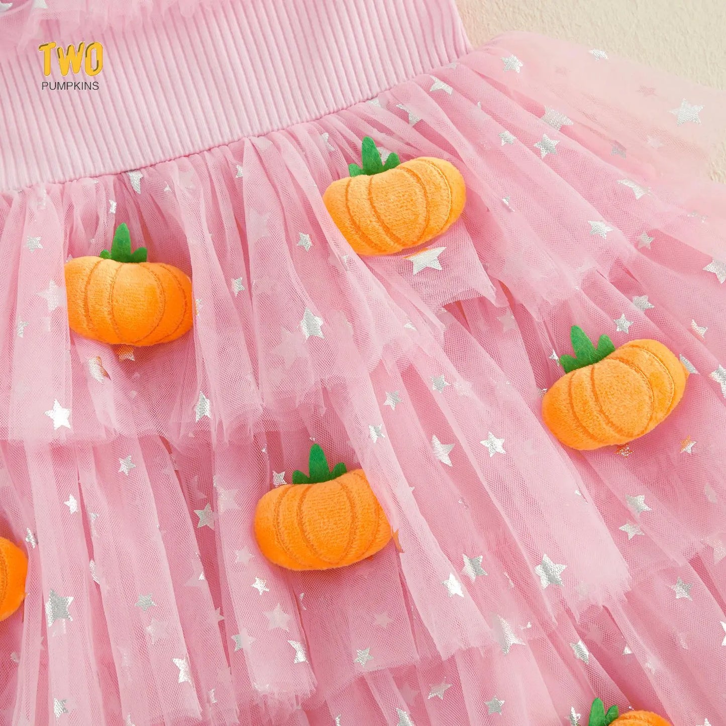 Little Girl Halloween Dress Flying Sleeve Square Neck 3D Stuffed Pumpkin/Ghost Decor a Line Tiered Tulle Dress