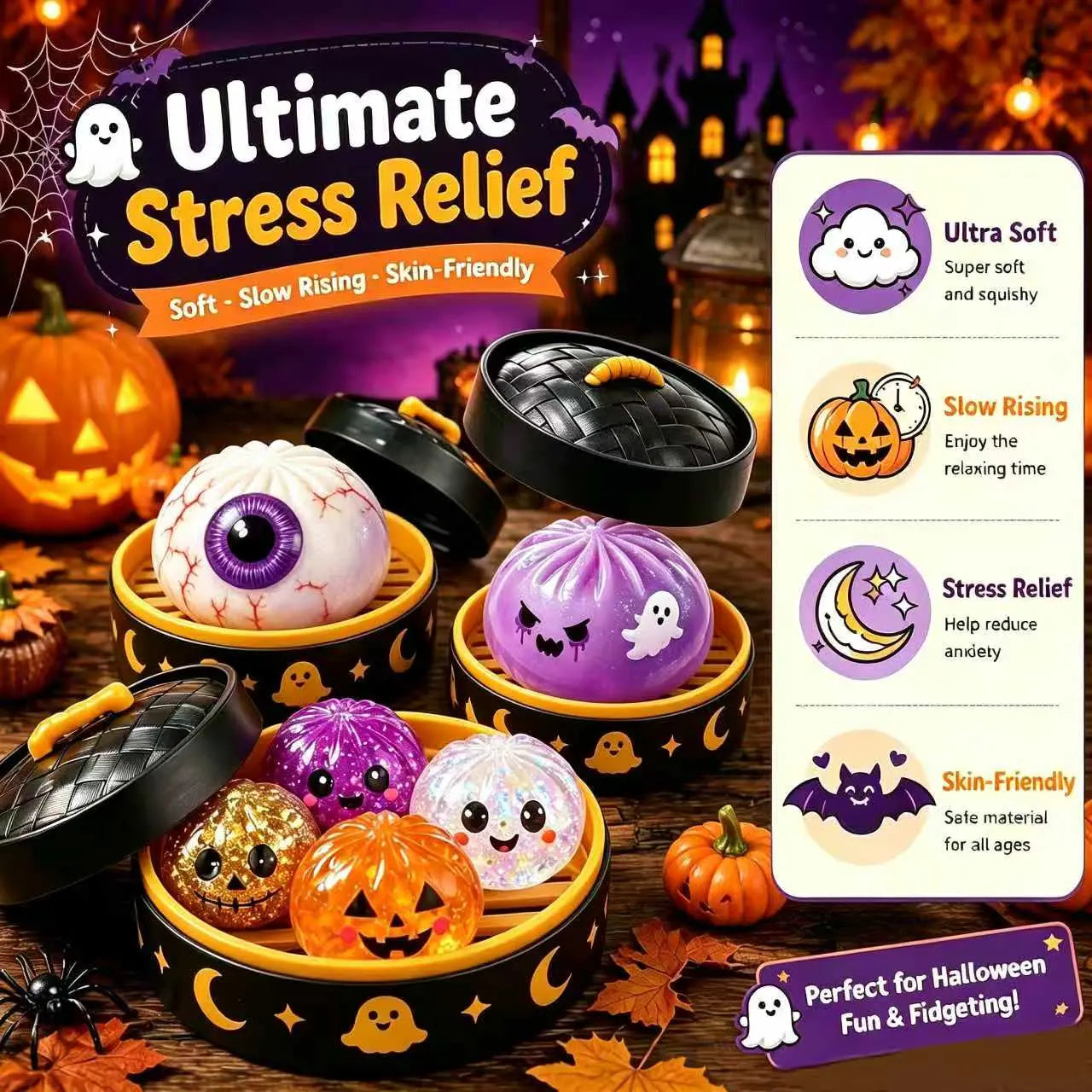 Adorable Halloween Ghost Maruko Squeeze Toy Set - Perfect for Stress Relief and Party Treat Bags!