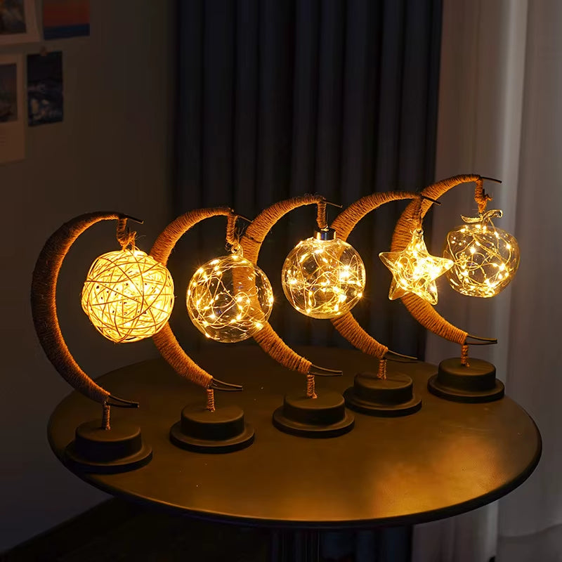 1Pc LED Moon Lamp,Iron Art Decorative Table Lamp for Bar,Bedroom,Living Room,Battery Powered Black Portable Night Light