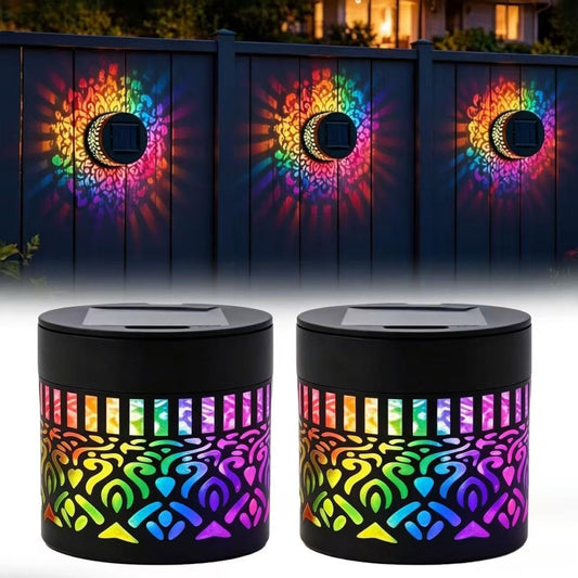 2 Pack Solar Mandala Lights Outdoor Wall, Seven-Color Changing Solar Mandala Projector Light, Waterproof Metal Fence Lights for Garden, Yard, Patio, Backyard Decor – Colorful Changing