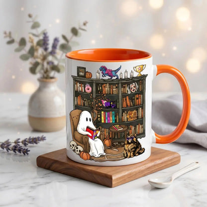 Enchanting Halloween 2026 Book Lover Mug - Cozy Ghost Reading Coffee Cup for Spooky Library Vibes