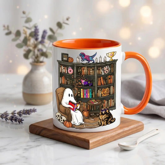 Enchanting Halloween 2026 Book Lover Mug - Cozy Ghost Reading Coffee Cup for Spooky Library Vibes