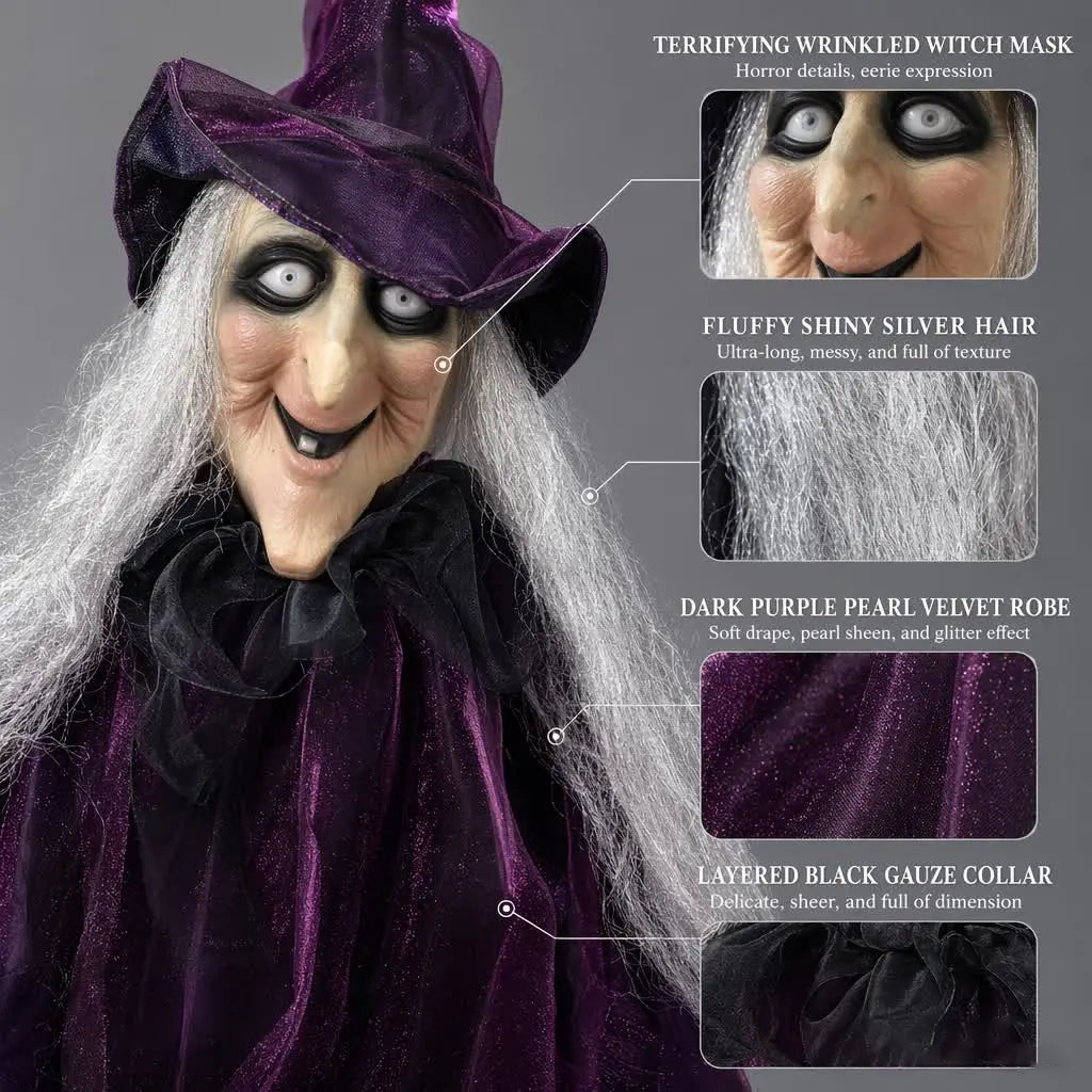 1.8M Lightweight Standing Scary Halloween Hanging Witch Cardboard Cutout - Velvet Hat, Face Mask Prop, Indoor-Outdoor Home Decor for Garden Haunted House Photo Backdrop