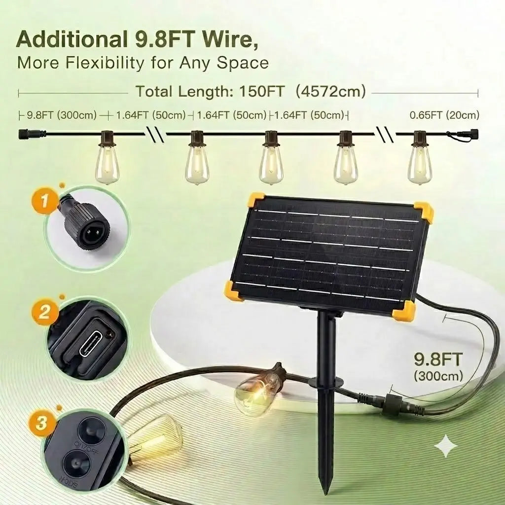 Ekoio ST38 Solar Powered Outdoor String Lights with Edison Bulbs, 120/150FT, Waterproof, Shatterproof, 5-8 Lumens, 20H Full Charge Runtime, 8 Adjustable Lighting Modes, Remote Control, Built-In Sensor, Patio & Holiday Decor