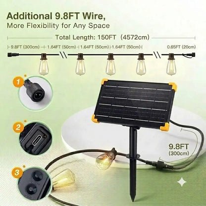 Ekoio ST38 Solar Powered Outdoor String Lights with Edison Bulbs, 120/150FT, Waterproof, Shatterproof, 5-8 Lumens, 20H Full Charge Runtime, 8 Adjustable Lighting Modes, Remote Control, Built-In Sensor, Patio & Holiday Decor