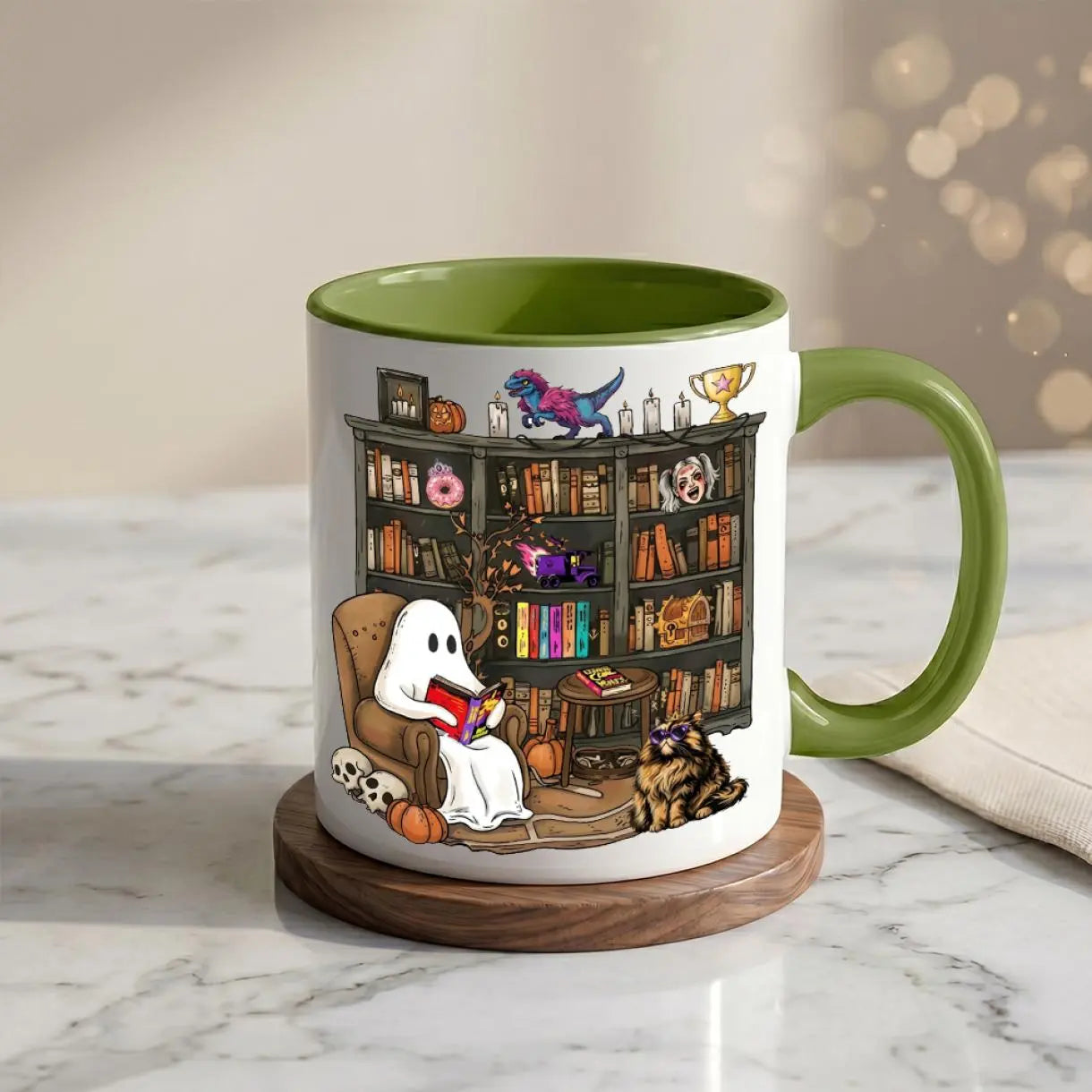 Enchanting Halloween 2026 Book Lover Mug - Cozy Ghost Reading Coffee Cup for Spooky Library Vibes