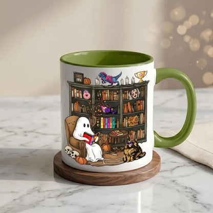 Enchanting Halloween 2026 Book Lover Mug - Cozy Ghost Reading Coffee Cup for Spooky Library Vibes