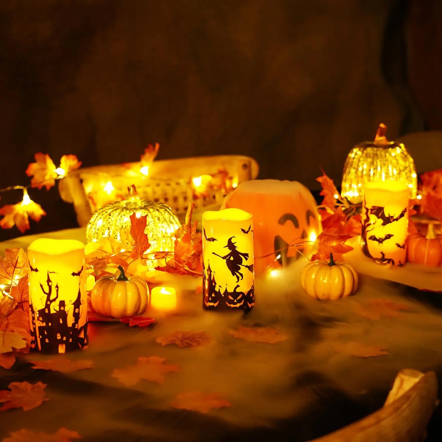 3PCS Halloween Candles, Orange Flameless Candles, Outdoor Waterproof Printed Decals Battery Operated LED Pillar Candles with Remote Timers for Fall Festival Spooky Decor, 3”X6”, Plastic,【Back to School】 【Summer Sale Deals】