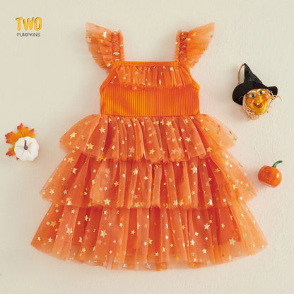 Little Girl Halloween Dress Flying Sleeve Square Neck 3D Stuffed Pumpkin/Ghost Decor a Line Tiered Tulle Dress