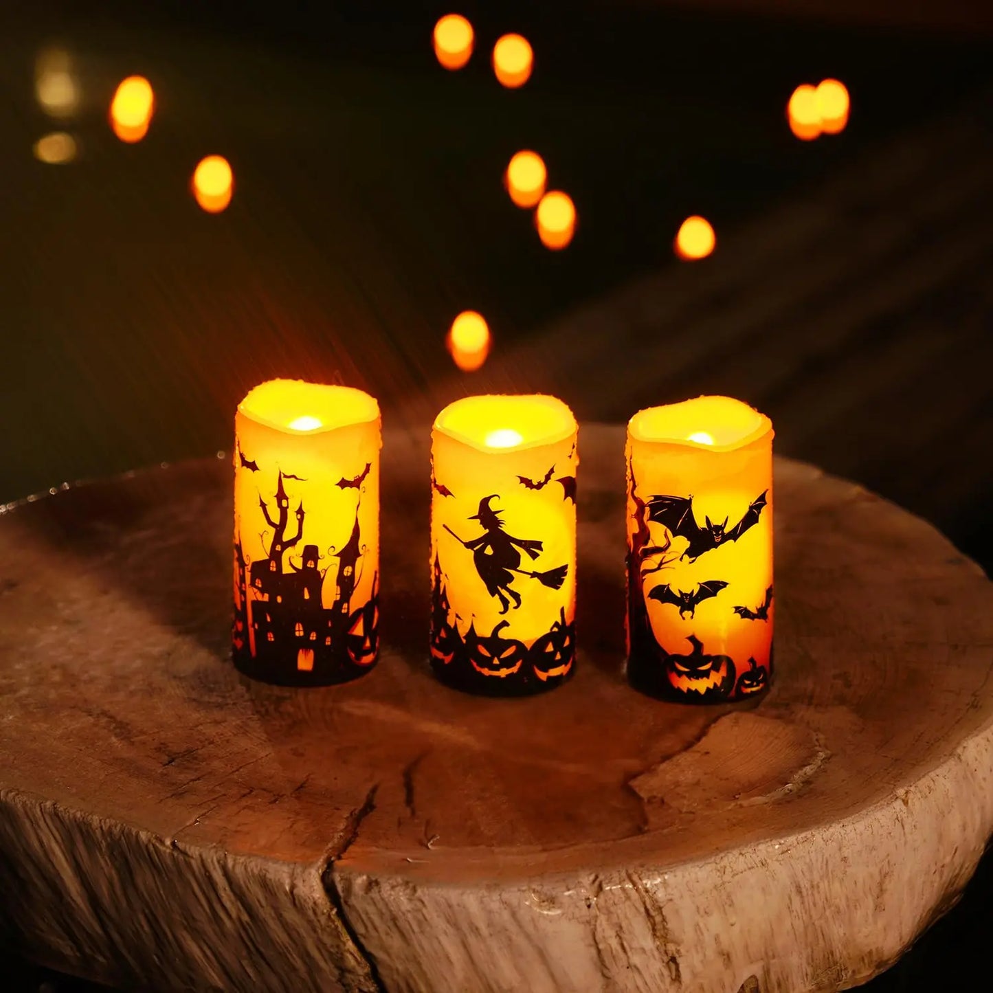 3PCS Halloween Candles, Orange Flameless Candles, Outdoor Waterproof Printed Decals Battery Operated LED Pillar Candles with Remote Timers for Fall Festival Spooky Decor, 3”X6”, Plastic,【Back to School】 【Summer Sale Deals】