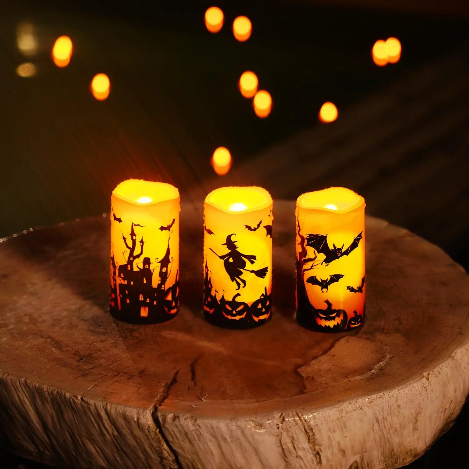 3PCS Halloween Candles, Orange Flameless Candles, Outdoor Waterproof Printed Decals Battery Operated LED Pillar Candles with Remote Timers for Fall Festival Spooky Decor, 3”X6”, Plastic,【Back to School】 【Summer Sale Deals】