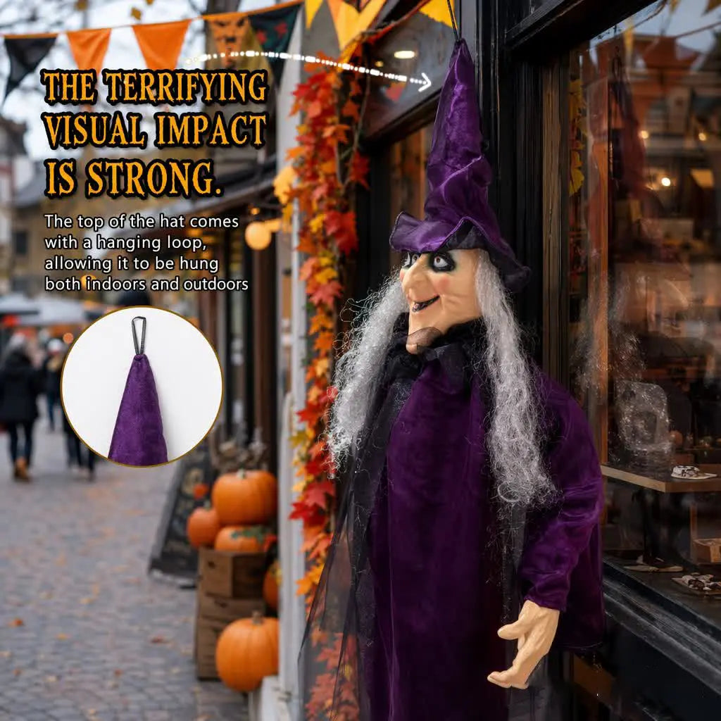 1.8M Lightweight Standing Scary Halloween Hanging Witch Cardboard Cutout - Velvet Hat, Face Mask Prop, Indoor-Outdoor Home Decor for Garden Haunted House Photo Backdrop