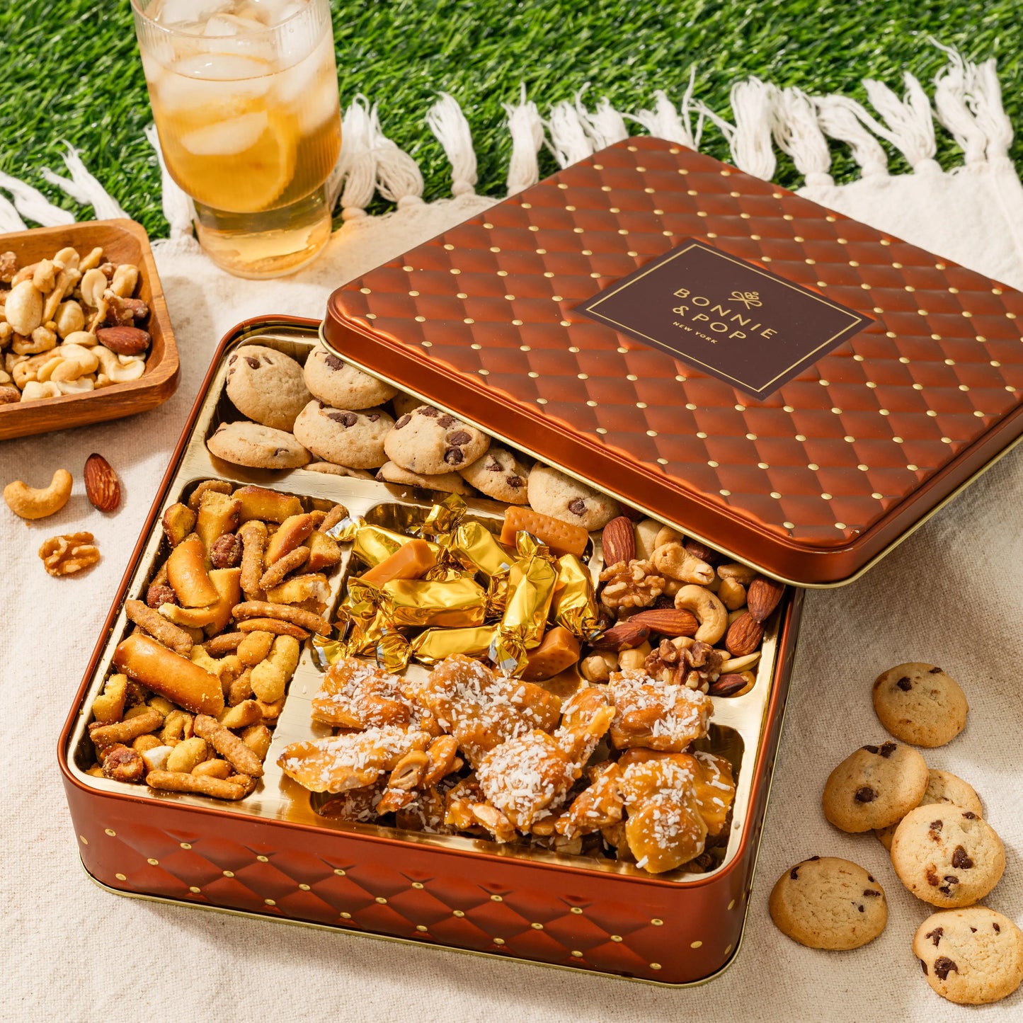 Elegant Square Gift Tin with Chocolate, Nuts & Caramel Treats