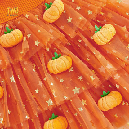 Little Girl Halloween Dress Flying Sleeve Square Neck 3D Stuffed Pumpkin/Ghost Decor a Line Tiered Tulle Dress