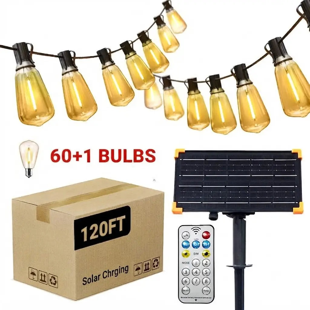 Ekoio ST38 Solar Powered Outdoor String Lights with Edison Bulbs, 120/150FT, Waterproof, Shatterproof, 5-8 Lumens, 20H Full Charge Runtime, 8 Adjustable Lighting Modes, Remote Control, Built-In Sensor, Patio & Holiday Decor