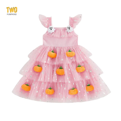 Little Girl Halloween Dress Flying Sleeve Square Neck 3D Stuffed Pumpkin/Ghost Decor a Line Tiered Tulle Dress