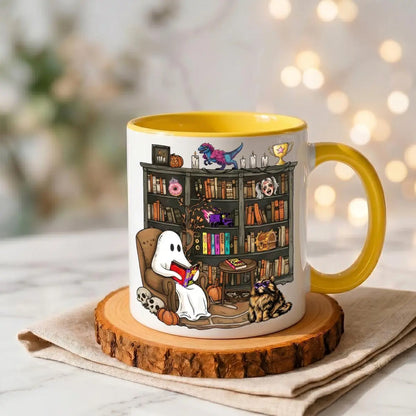 Enchanting Halloween 2026 Book Lover Mug - Cozy Ghost Reading Coffee Cup for Spooky Library Vibes