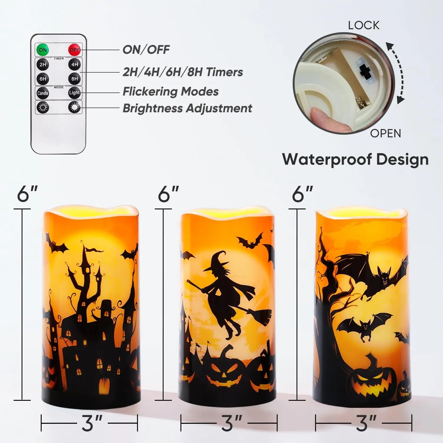 3PCS Halloween Candles, Orange Flameless Candles, Outdoor Waterproof Printed Decals Battery Operated LED Pillar Candles with Remote Timers for Fall Festival Spooky Decor, 3”X6”, Plastic,【Back to School】 【Summer Sale Deals】