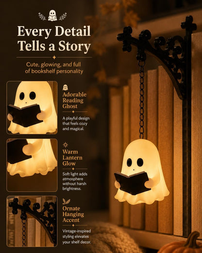 Ghost Bookshelf Lantern, Cute Ghost Reading Book Lamp, Ghosts Reading Statue Halloween Decor Lamp, for Bookshelves, Browsing Nooks, Halloween Displays, Gentle Warm LED Night Light