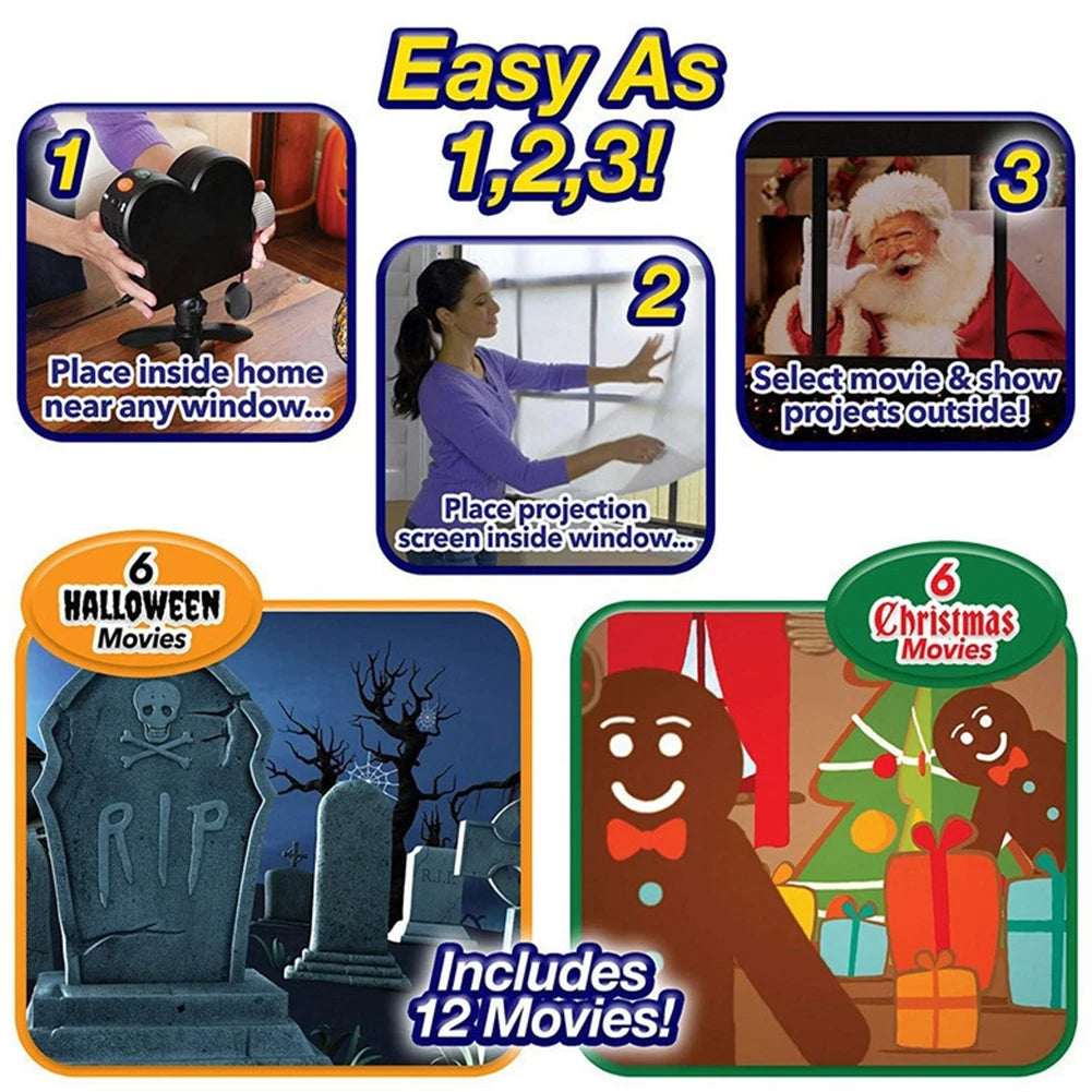 Transform Your Holidays with the Halloween & Christmas Projector - Waterproof LED Holographic Lamp with 12 Spooky Movies for Outdoor Fun!