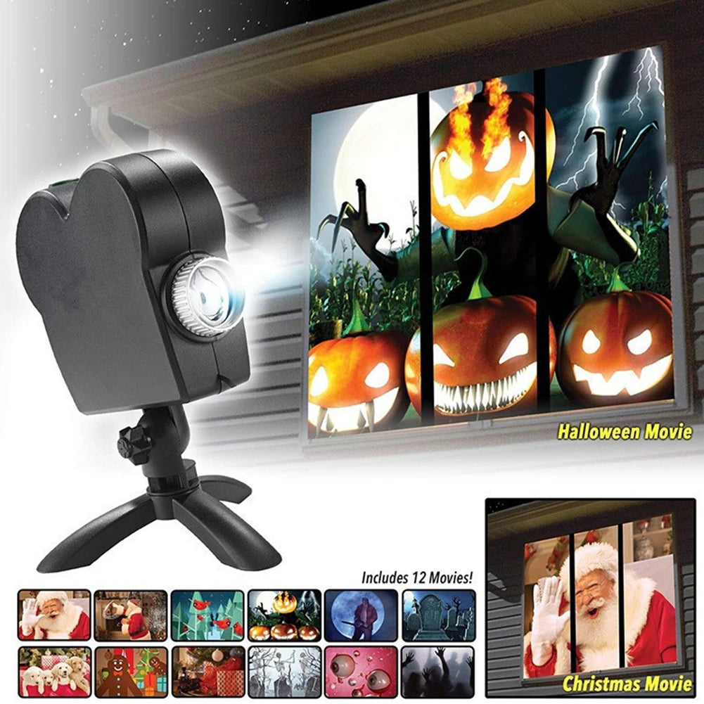 Transform Your Holidays with the Halloween & Christmas Projector - Waterproof LED Holographic Lamp with 12 Spooky Movies for Outdoor Fun!