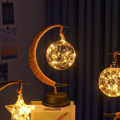 1Pc LED Moon Lamp,Iron Art Decorative Table Lamp for Bar,Bedroom,Living Room,Battery Powered Black Portable Night Light
