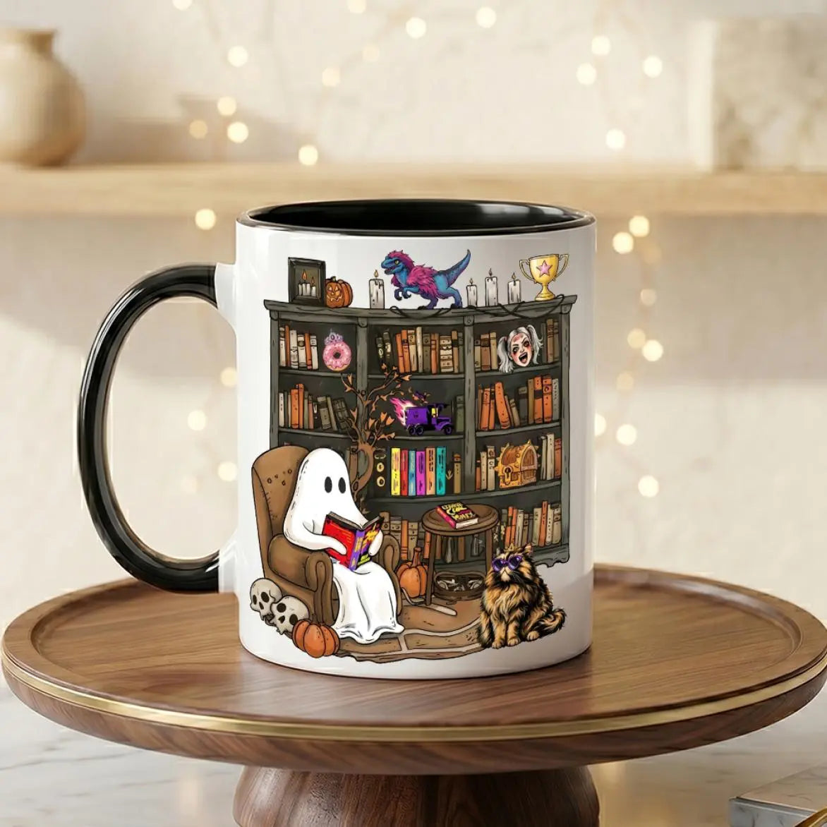 Enchanting Halloween 2026 Book Lover Mug - Cozy Ghost Reading Coffee Cup for Spooky Library Vibes