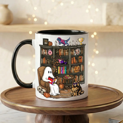 Enchanting Halloween 2026 Book Lover Mug - Cozy Ghost Reading Coffee Cup for Spooky Library Vibes