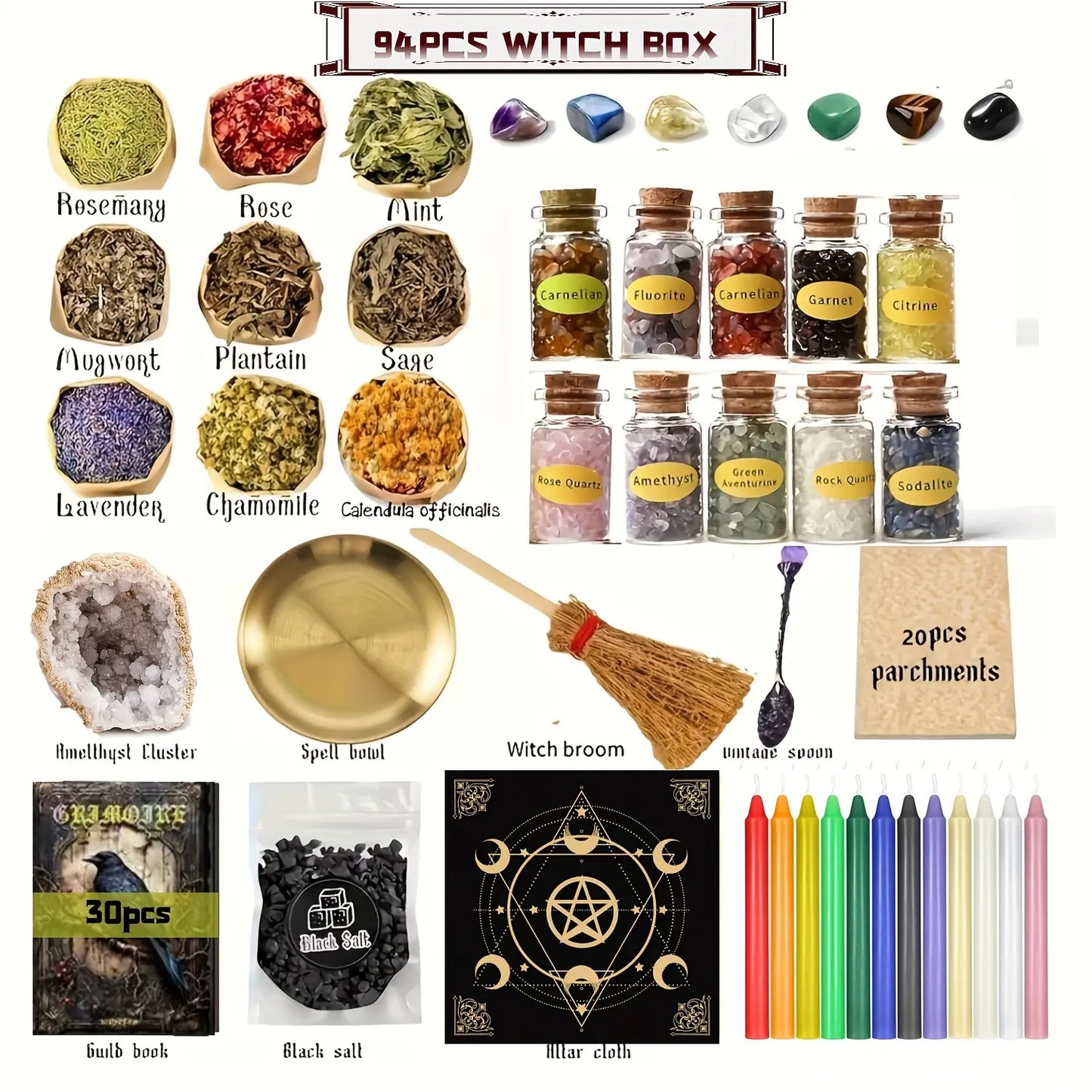 94/130Pcs Complete Witchcraft Supplies Kit, Large Wiccan Spell Box with Crystals, Candles, Herbs & Ritual Tools, Beginner Witch Starter Set for Pagan Rituals, Halloween Decor & Spiritual Practice Gift Aroma Fragrance Scented