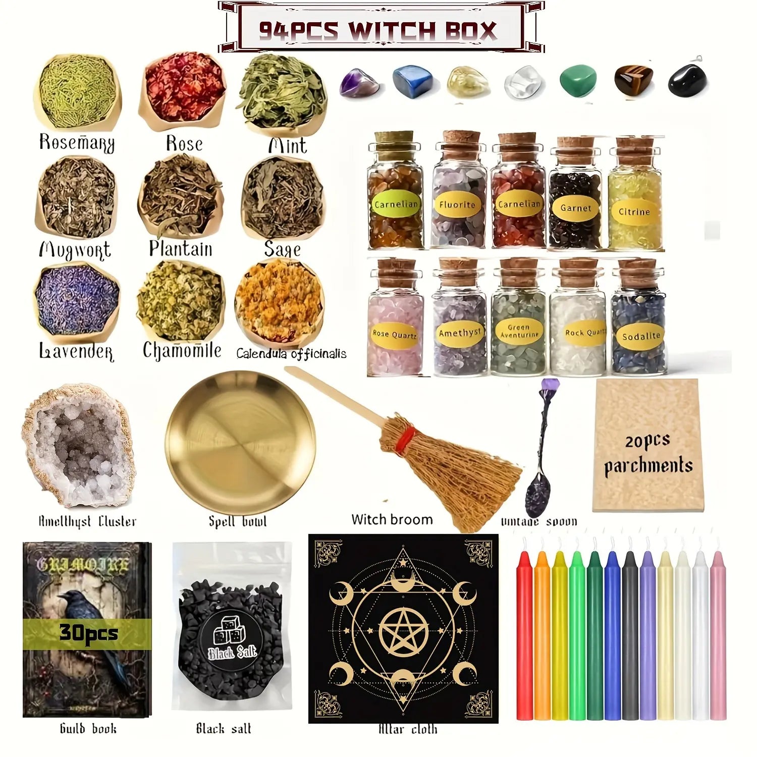 94/130Pcs Complete Witchcraft Supplies Kit, Large Wiccan Spell Box with Crystals, Candles, Herbs & Ritual Tools, Beginner Witch Starter Set for Pagan Rituals, Halloween Decor & Spiritual Practice Gift Aroma Fragrance Scented
