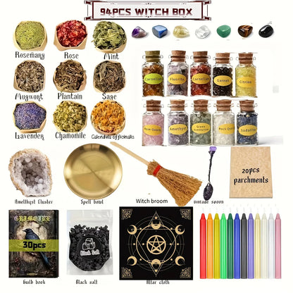 94/130Pcs Complete Witchcraft Supplies Kit, Large Wiccan Spell Box with Crystals, Candles, Herbs & Ritual Tools, Beginner Witch Starter Set for Pagan Rituals, Halloween Decor & Spiritual Practice Gift Aroma Fragrance Scented