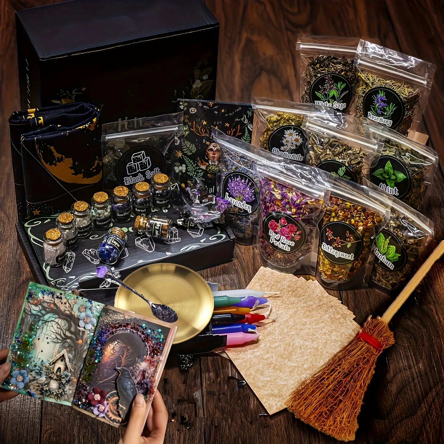 94/130Pcs Complete Witchcraft Supplies Kit, Large Wiccan Spell Box with Crystals, Candles, Herbs & Ritual Tools, Beginner Witch Starter Set for Pagan Rituals, Halloween Decor & Spiritual Practice Gift Aroma Fragrance Scented
