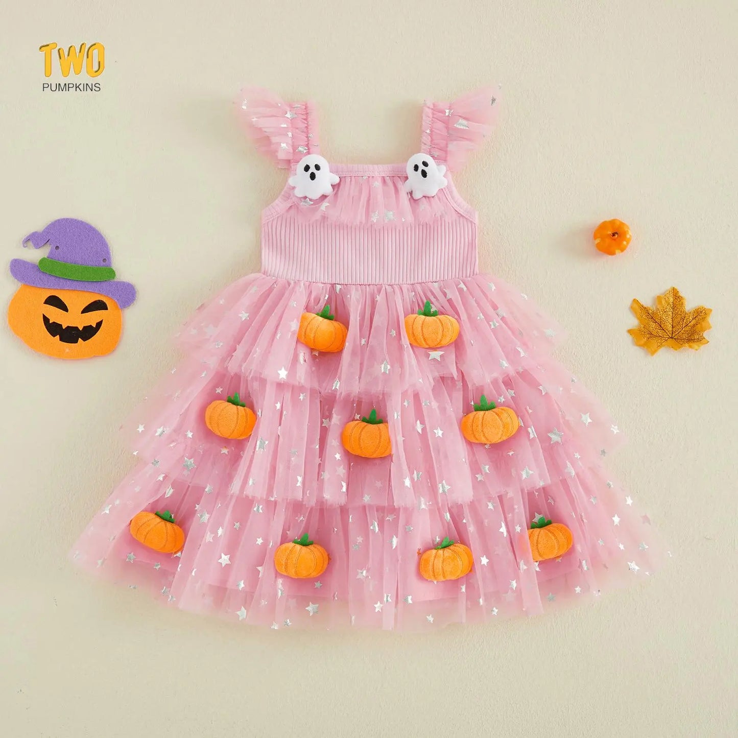 Little Girl Halloween Dress Flying Sleeve Square Neck 3D Stuffed Pumpkin/Ghost Decor a Line Tiered Tulle Dress