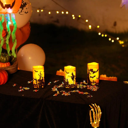 3PCS Halloween Candles, Orange Flameless Candles, Outdoor Waterproof Printed Decals Battery Operated LED Pillar Candles with Remote Timers for Fall Festival Spooky Decor, 3”X6”, Plastic,【Back to School】 【Summer Sale Deals】