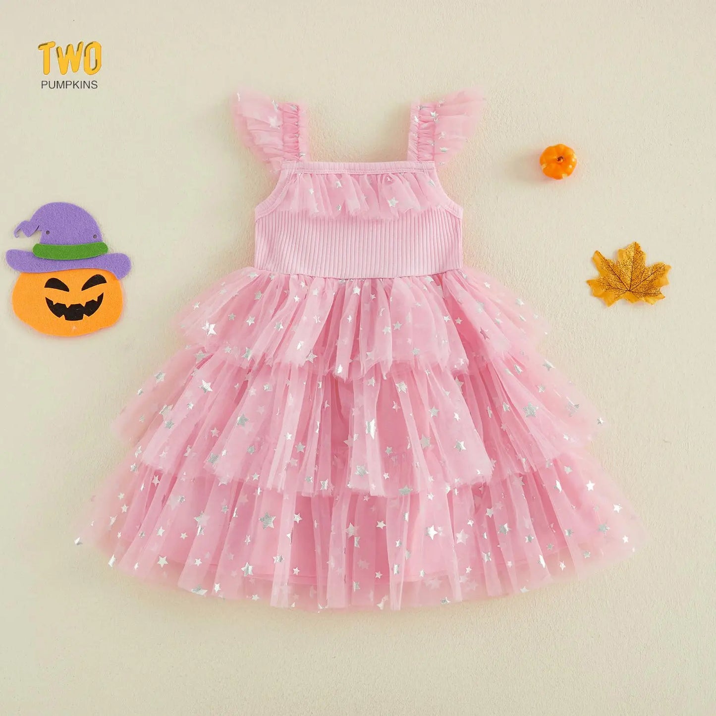Little Girl Halloween Dress Flying Sleeve Square Neck 3D Stuffed Pumpkin/Ghost Decor a Line Tiered Tulle Dress