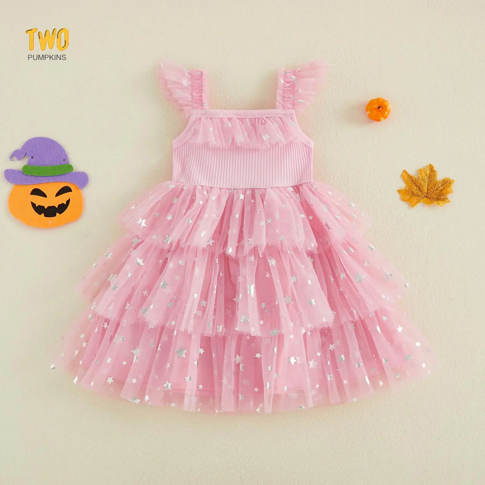 Little Girl Halloween Dress Flying Sleeve Square Neck 3D Stuffed Pumpkin/Ghost Decor a Line Tiered Tulle Dress