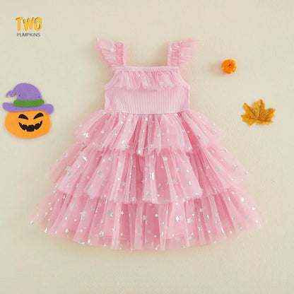 Little Girl Halloween Dress Flying Sleeve Square Neck 3D Stuffed Pumpkin/Ghost Decor a Line Tiered Tulle Dress